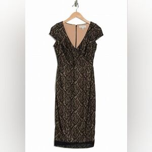 Dress The Population cap sleeve Black Lace/ Nude faux wrap dress